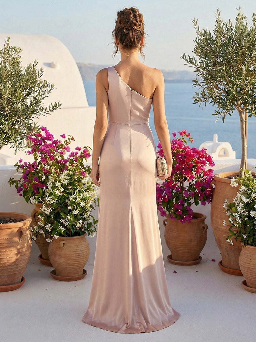 One Shoulder Satin Ruched Formal Dresses with Slit