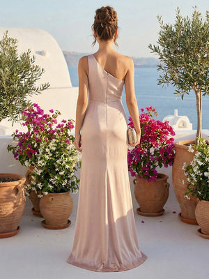 One Shoulder Satin Pleated Bridesmaid Dresses with Slit