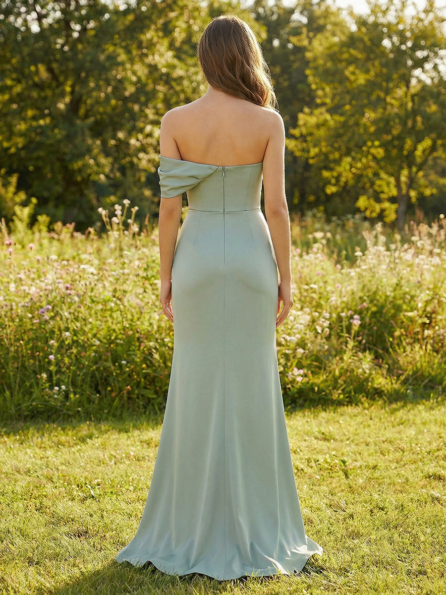 Off Shoulder Satin Pleated Bridesmaid Dresses with Slit