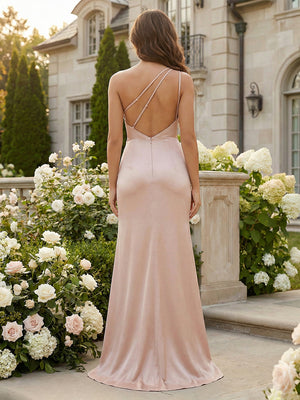 One Shoulder Backless Satin Pleated Bridesmaid Dresses with Slit