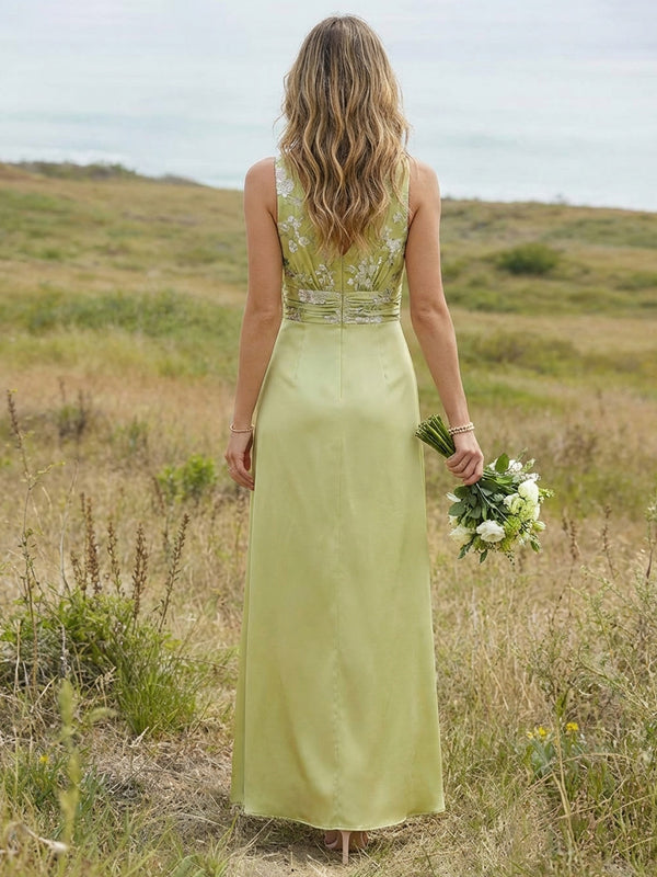 Satin A Line V Neck Floor Length Bridesmaid Dresses