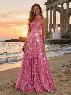 Tulle Sequin Strapless Long Evening Dresses with Scarf