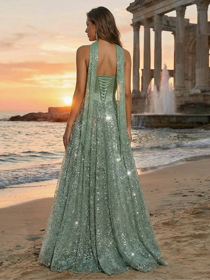 Tulle Sequin Strapless Long Evening Dresses with Scarf
