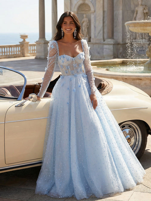 Tulle Sequin Long Sleeves Evening Dresses with 3D Floral Appliques