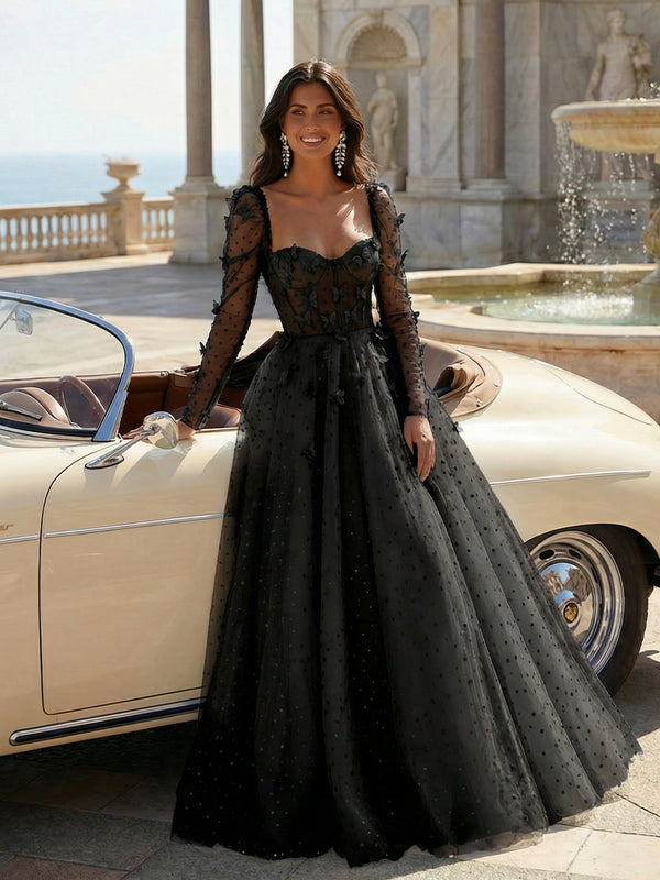 Tulle Sequin Long Sleeves Evening Dresses with 3D Floral Appliques