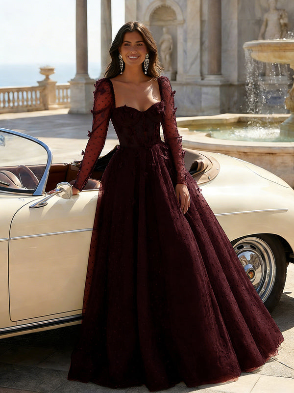 Tulle Sequin Long Sleeves Evening Dresses with 3D Floral Appliques