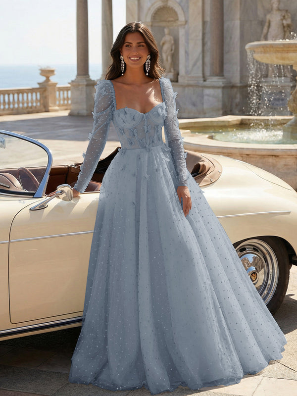 Tulle Sequin Long Sleeves Evening Dresses with 3D Floral Appliques