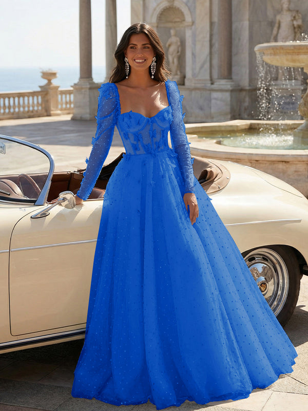 Tulle Sequin Long Sleeves Evening Dresses with 3D Floral Appliques