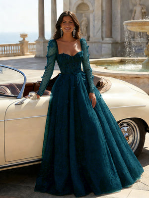 Tulle Sequin Long Sleeves Evening Dresses with 3D Floral Appliques