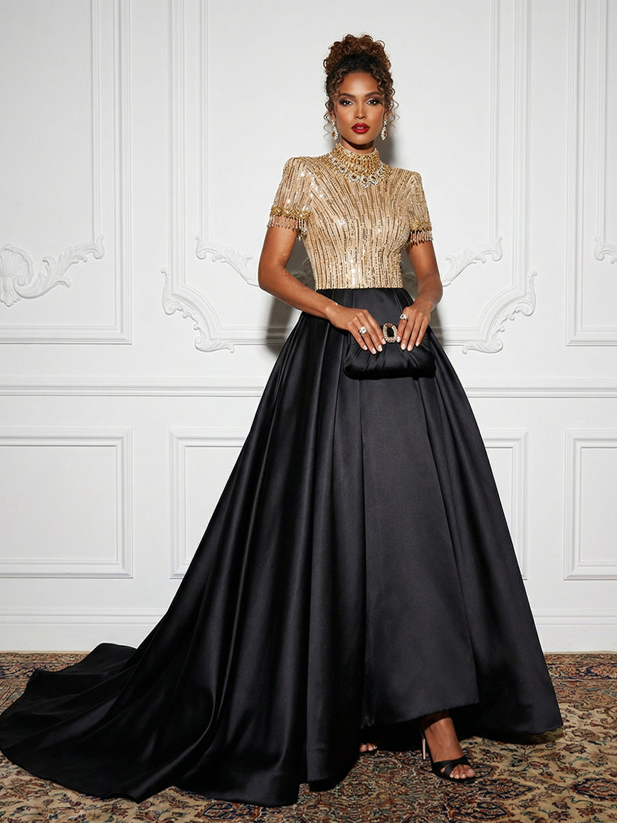 Satin Sequin Evening Dresses with Beadings