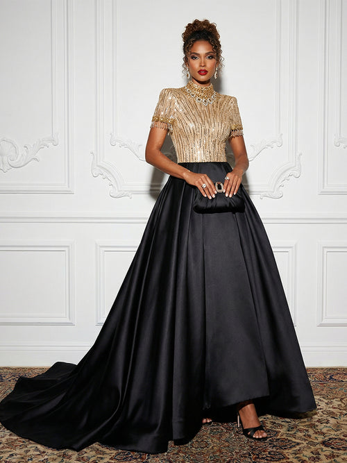 Satin Sequin Evening Dresses with Beadings