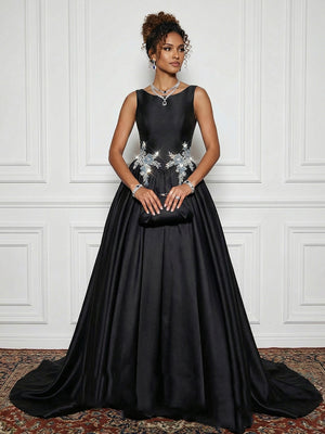Satin Boat Neck Evening Dresses with Crystal Floral Appliques