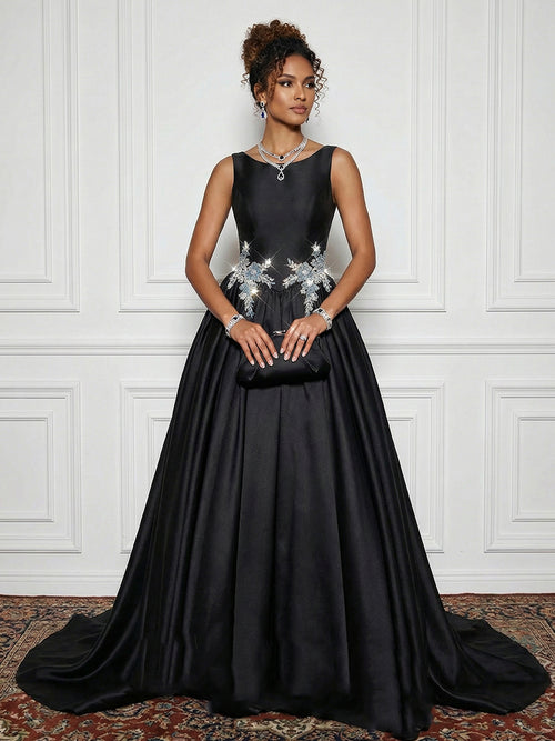 Satin Boat Neck Evening Dresses with Crystal Floral Appliques
