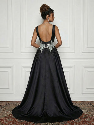 Satin Boat Neck Evening Dresses with Crystal Floral Appliques
