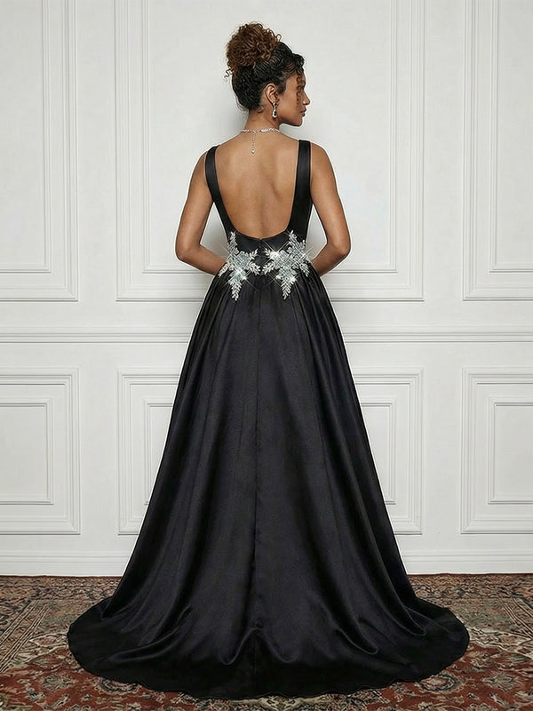 Satin Boat Neck Evening Dresses with Crystal Floral Appliques