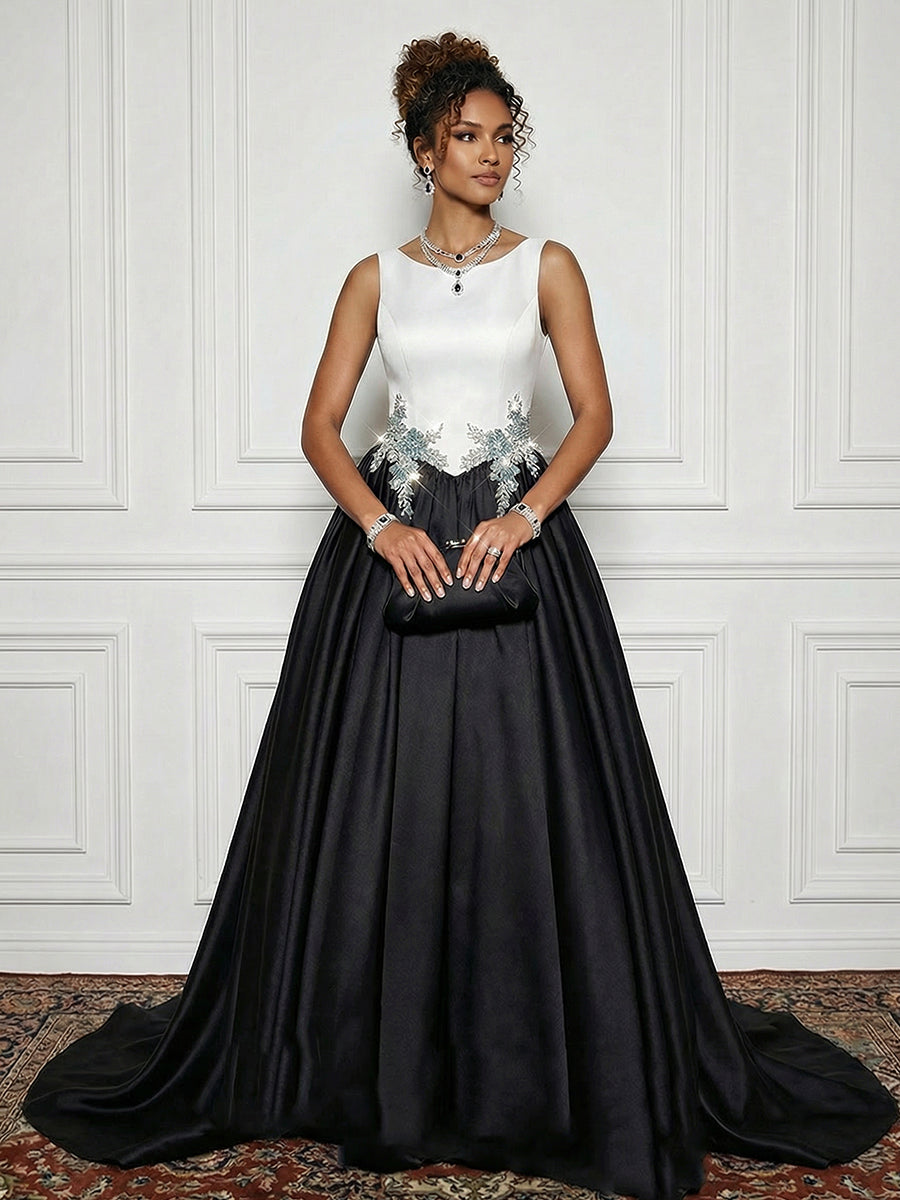 Satin Boat Neck Evening Dresses with Crystal Floral Appliques