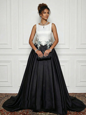 Satin Boat Neck Evening Dresses with Crystal Floral Appliques