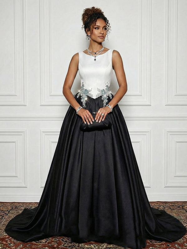 Satin Boat Neck Evening Dresses with Crystal Floral Appliques