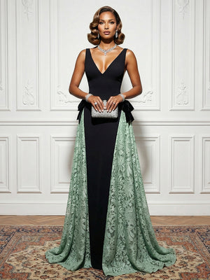 Satin Lace Deep V Neck Evening Dresses with Bow