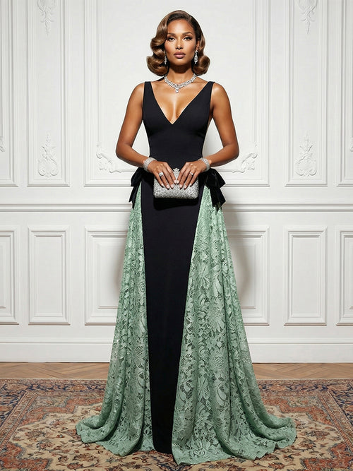 Satin Lace Deep V Neck Evening Dresses with Bow