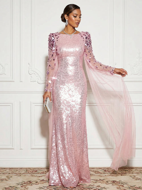 Sequin Sheer Tulle Drape Sleeves Mermaid Evening Dresses