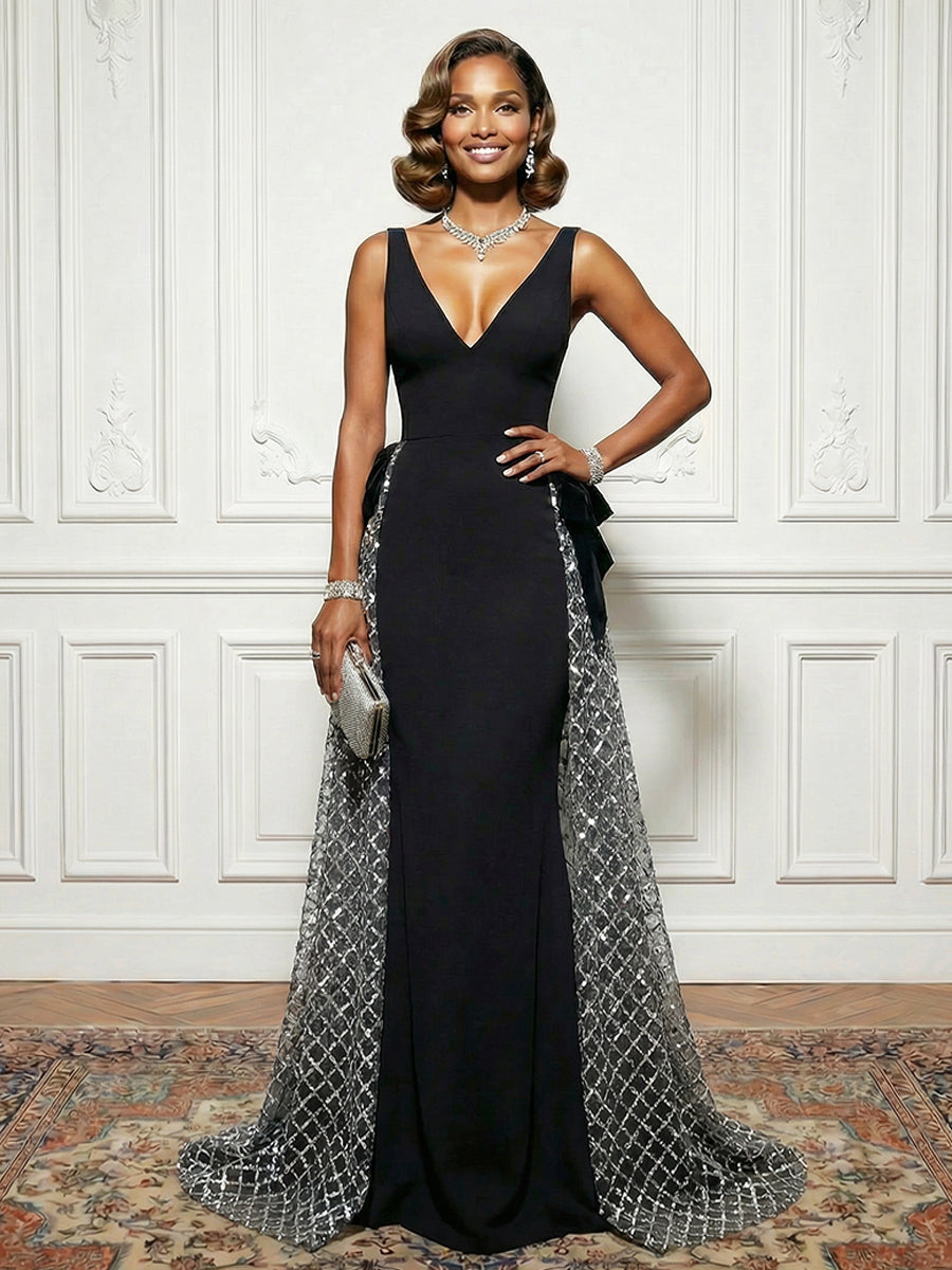 Satin Tulle Deep V Neck Evening Dresses with Bow