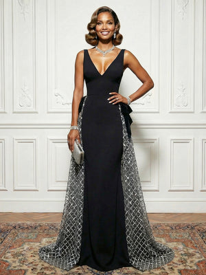 Satin Tulle Deep V Neck Evening Dresses with Bow