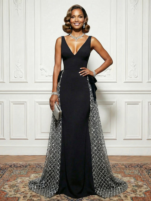 Satin Tulle Deep V Neck Evening Dresses with Bow