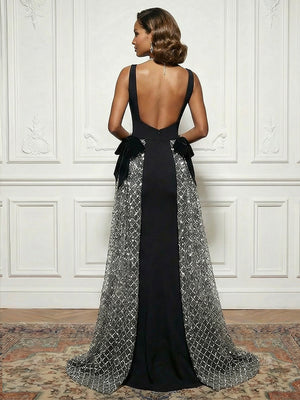 Satin Tulle Deep V Neck Evening Dresses with Bow