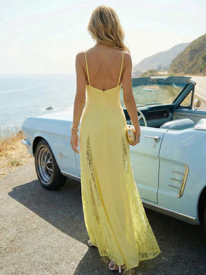 Sheer Lace Satin Spaghetti Straps Mermaid Maxi Wedding Guest Dresses