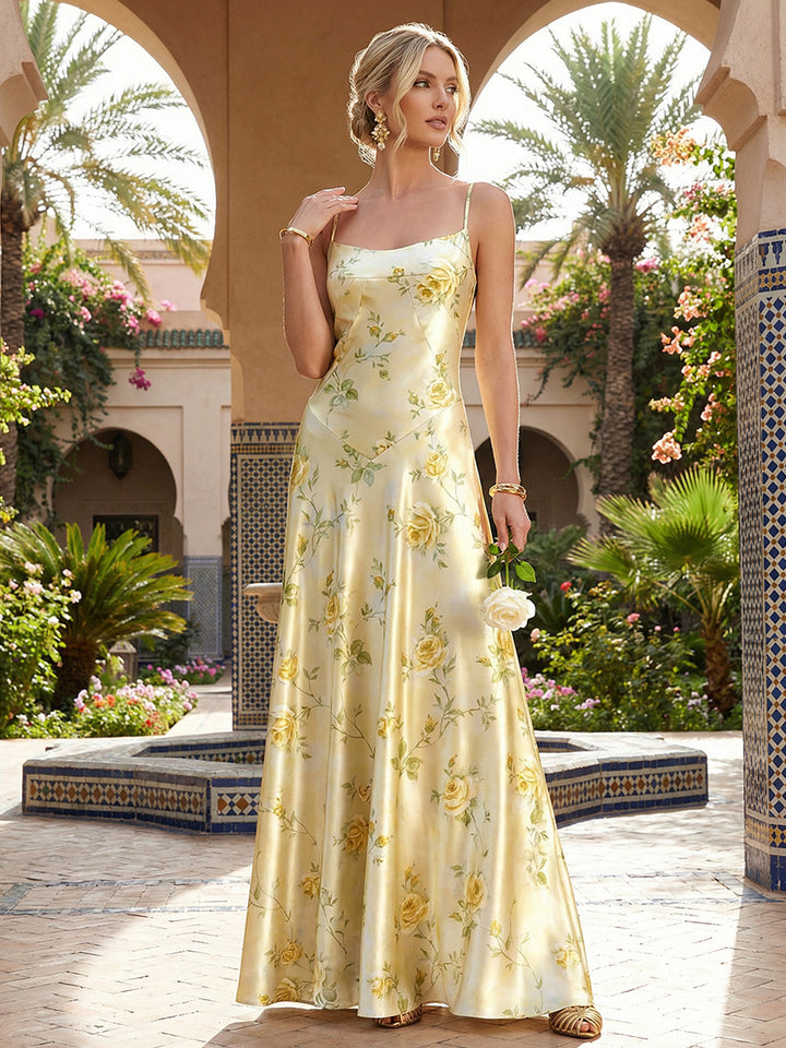 Satin Floral Spaghetti Straps A Line Maxi Formal Dresses