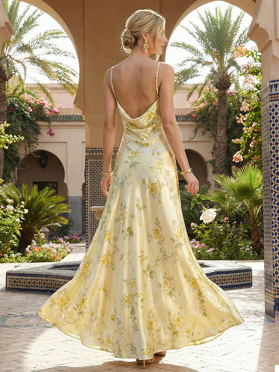Satin Floral Spaghetti Straps A Line Maxi Formal Dresses
