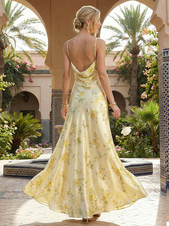 Satin Floral Spaghetti Straps A Line Maxi Formal Dresses