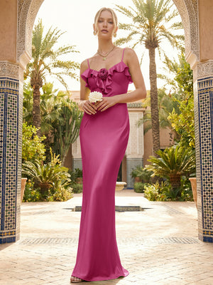 Satin Ruffles Spaghetti Straps Mermaid Maxi Bridesmaid Dresses