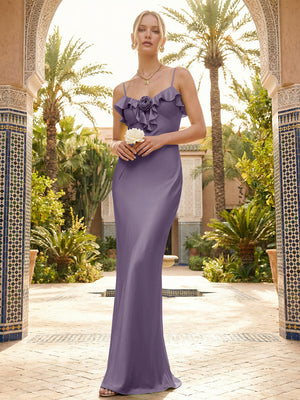 Satin Ruffles Spaghetti Straps Mermaid Maxi Bridesmaid Dresses