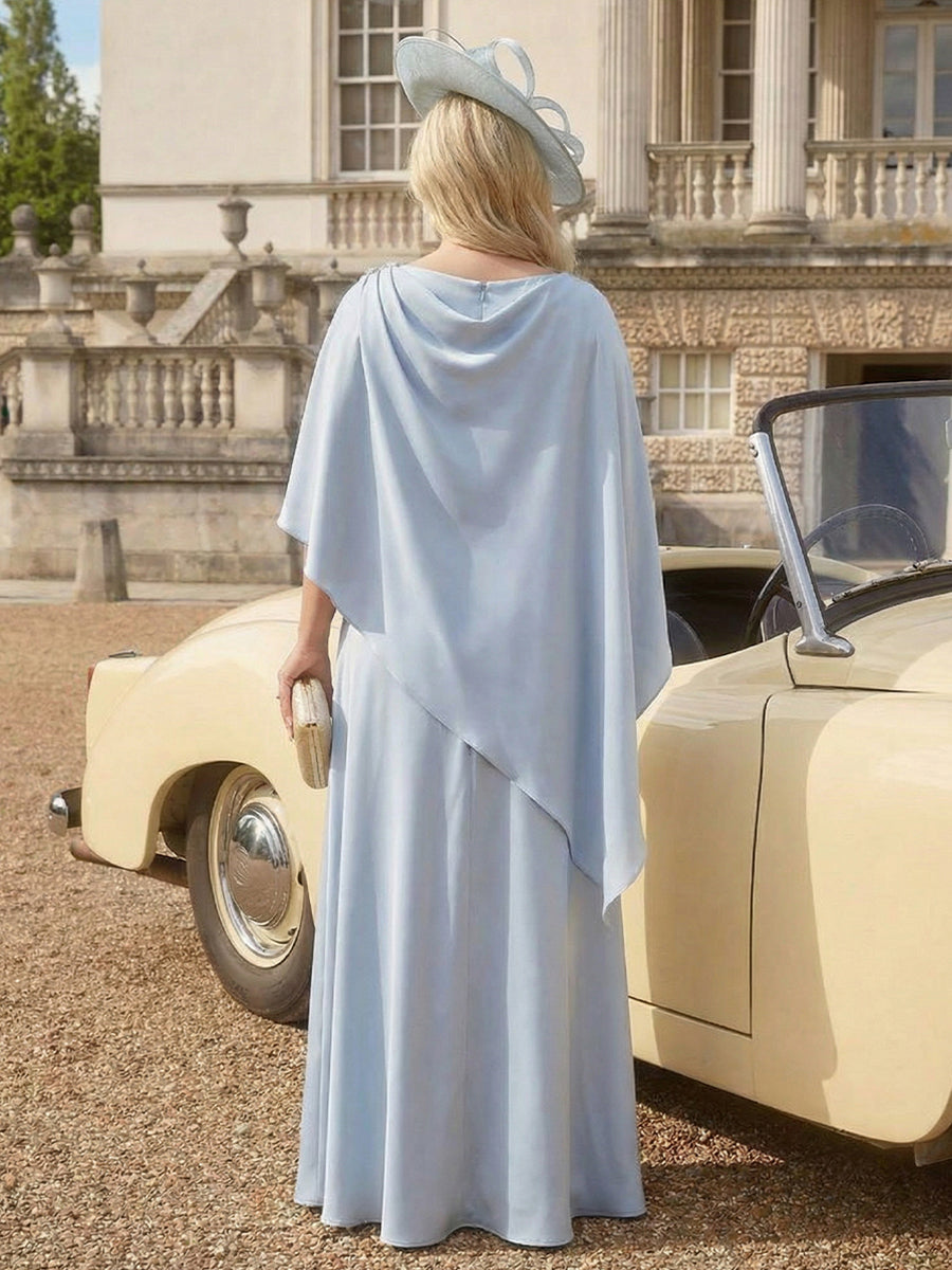 Satin Cape Sleeves Cowl Neck Maxi Mother of the Bride Dresses