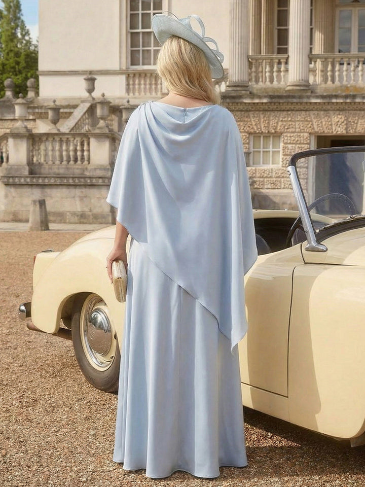 Satin Cape Sleeves Cowl Neck Maxi Mother of the Bride Dresses