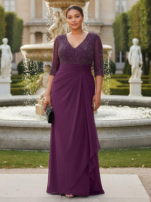 Chiffon V Neck Pleated Beading Mother of the Bride Dresses