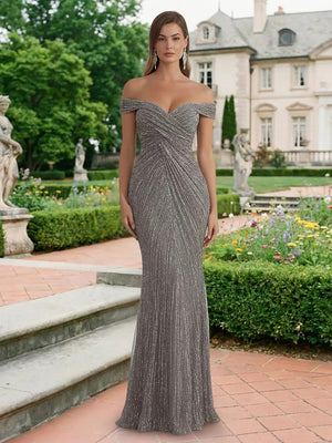 Glitter Tulle Off the Shoulder Pleated Evening Dresses