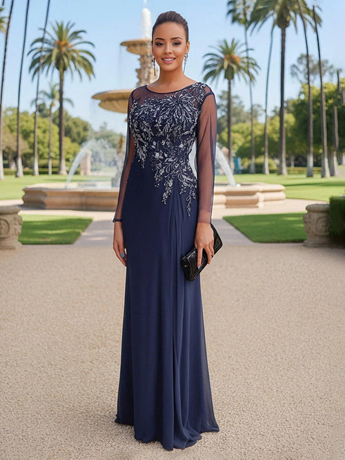 Chiffon Scoop Neck Pleated Lace Appliques Evening Dresses