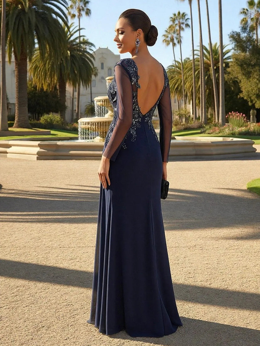 Chiffon Scoop Neck Pleated Lace Appliques Evening Dresses