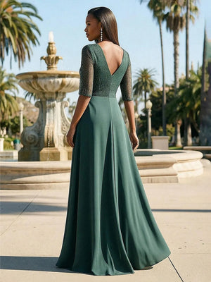Chiffon Beadings Pleated V Neck Evening Dresses