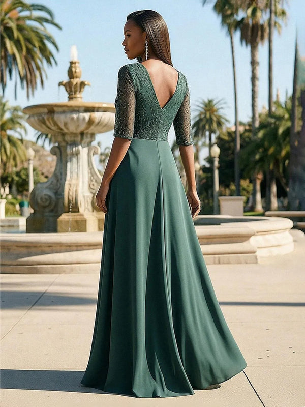 Chiffon Beadings Pleated V Neck Evening Dresses
