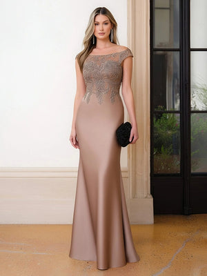 Scoop Neck Satin Corset Lace Appliques Evening Dresses