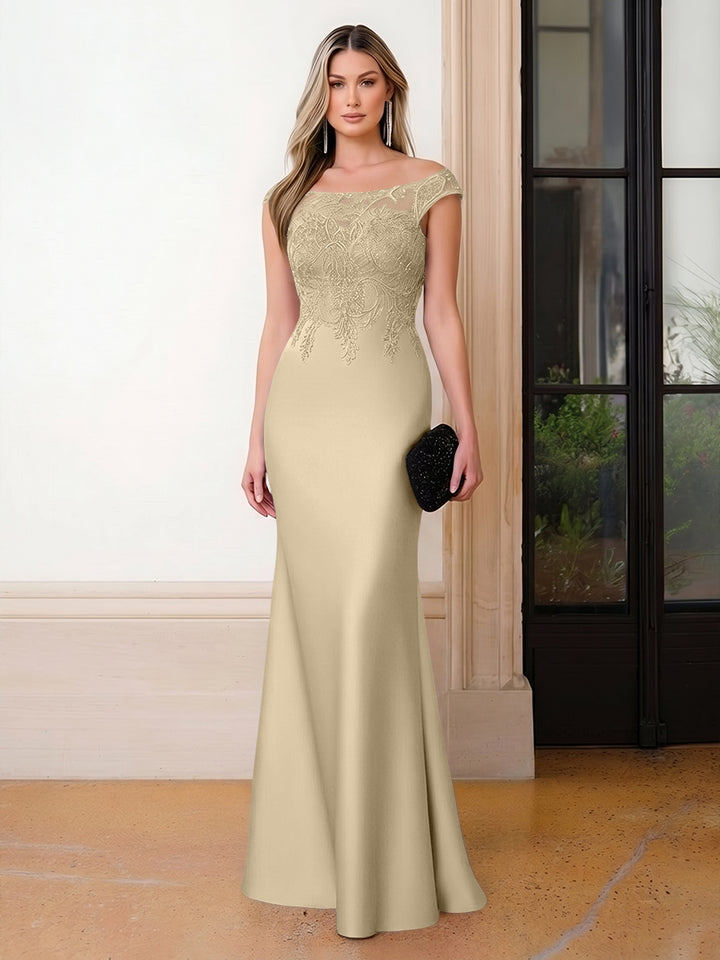 Scoop Neck Satin Corset Lace Appliques Evening Dresses