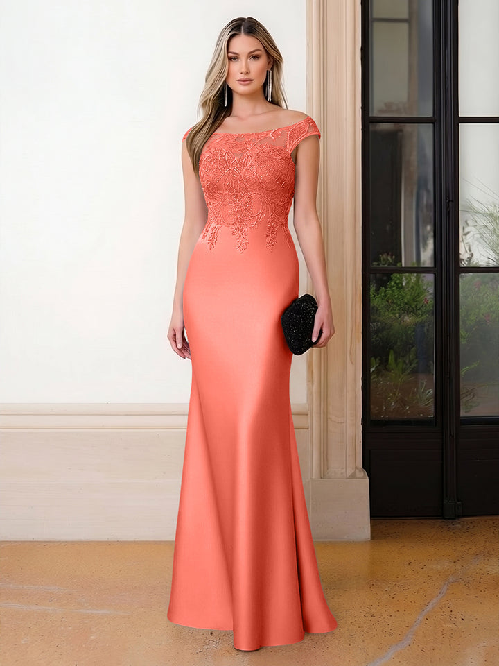 Scoop Neck Satin Corset Lace Appliques Evening Dresses