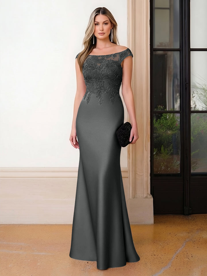 Scoop Neck Satin Corset Lace Appliques Evening Dresses
