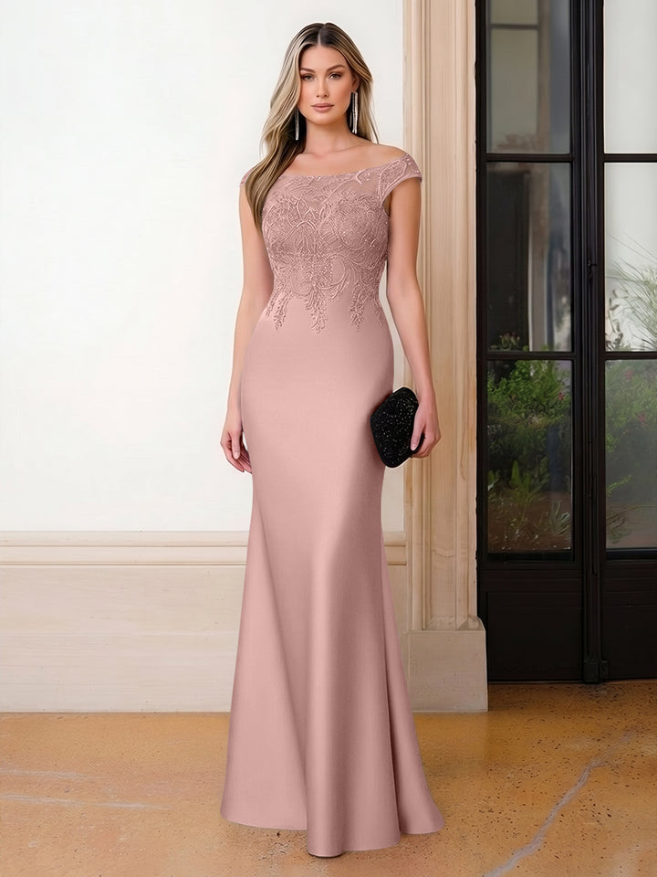 Scoop Neck Satin Corset Lace Appliques Evening Dresses