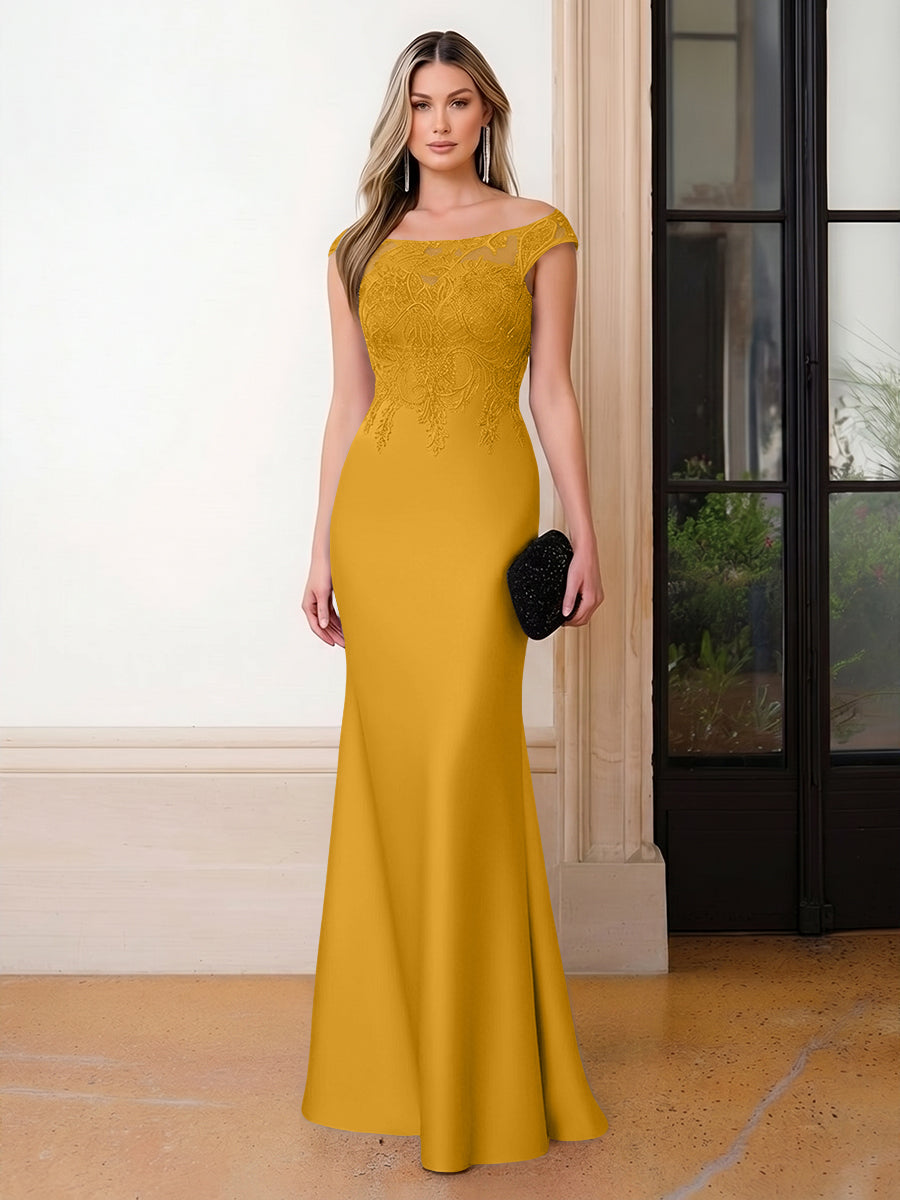 Scoop Neck Satin Corset Lace Appliques Evening Dresses