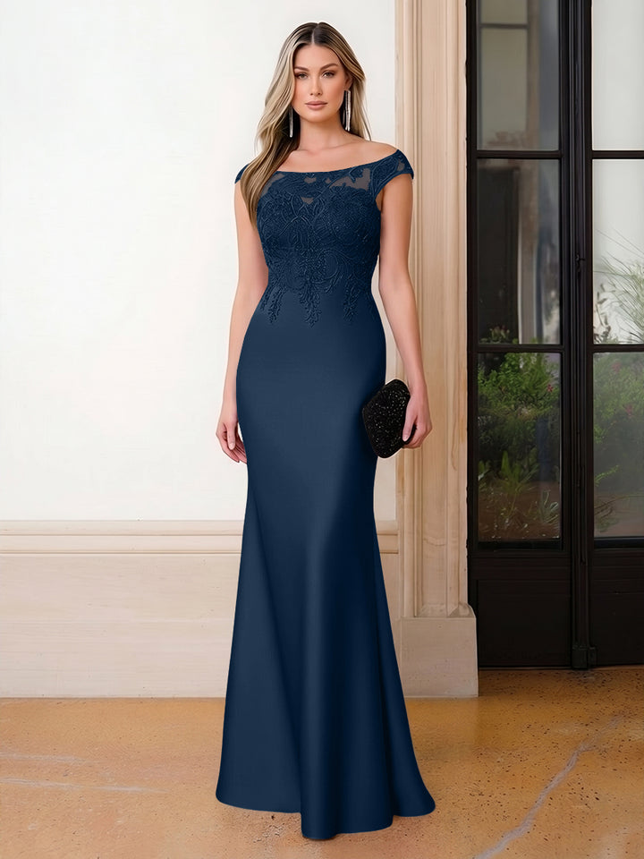 Scoop Neck Satin Corset Lace Appliques Evening Dresses